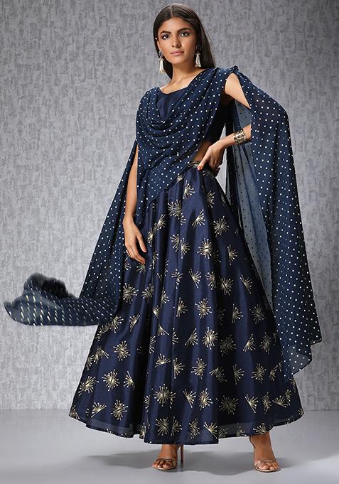 Nikhil Thampi X Indya Navy Crop Top with Attached Dupatta