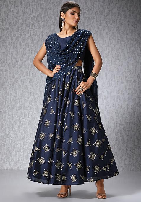 Buy Women Nikhil Thampi X Indya Navy Crop Top With Attached Dupatta ...