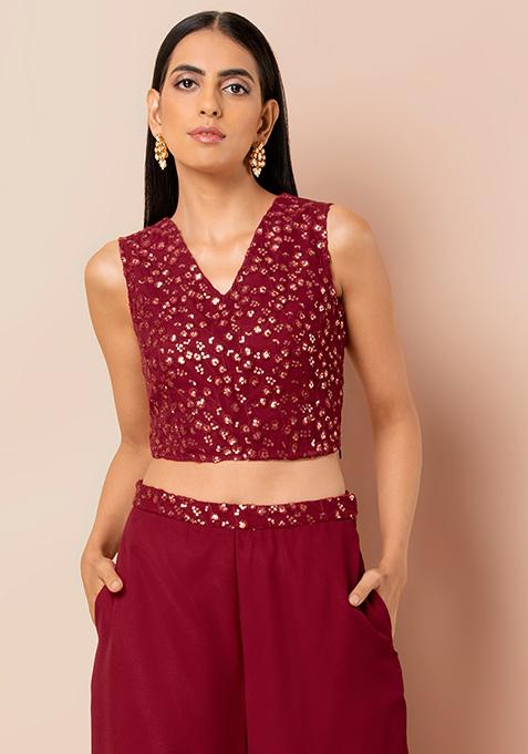 Maroon V-Neck Embroidered Crop Top
