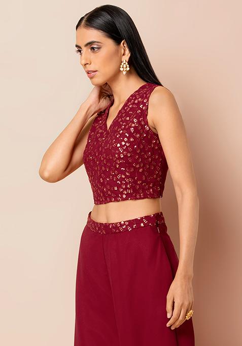 Buy Women Maroon V-Neck Embroidered Crop Top - RTW - Indya