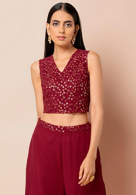 Buy Women Maroon V-Neck Embroidered Crop Top - RTW - Indya