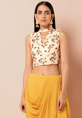 Ivory Floral Embroidered Choker Neck Crop Top