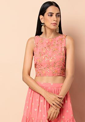 Pink Boat Neck Embroidered Crop Top