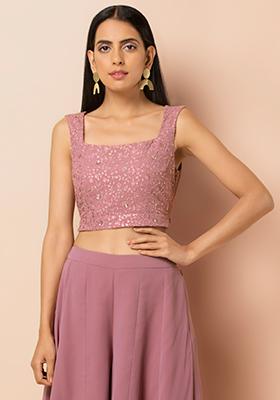 Pink Embroidered Square Neck Crop Top
