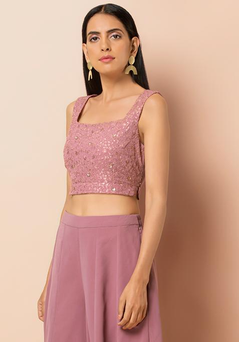 Buy Women Pink Embroidered Square Neck Crop Top Rtw Indya