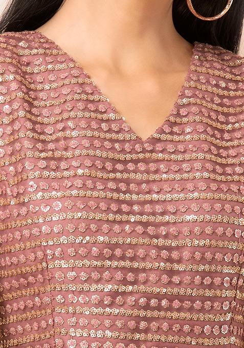 Buy Women Dusty Pink Sequin V-Neck Crop Top - Blouses - Indya