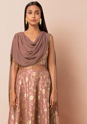 Dusty Pink Foil Crop Top with Attached Dupatta