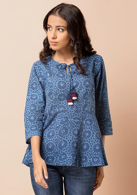 Buy Women Navy Printed Cotton Bell Sleeves Flared Top - RTW - Indya