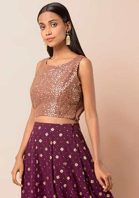 Buy Women Dusty Pink Sequin Shimmer Crop Top - Feed-Blouse - Indya