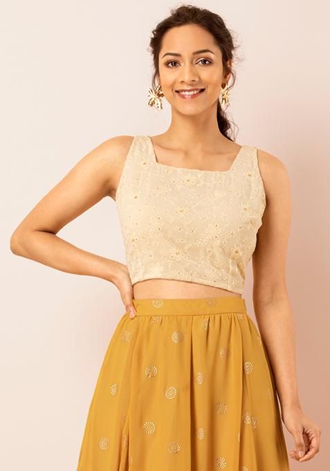 Ivory Embroidered Georgette Crop Top