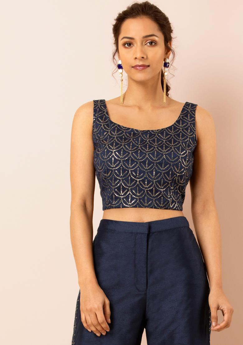 Buy Women Navy Sequin Embroidered Sleeveless Crop Top - Blouses ...