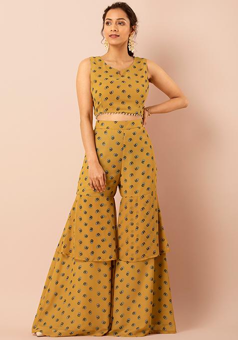 Buy Women Yellow Floral Pearl Lace Crop Top - RTW - Indya