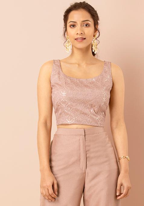 Blush Sequin Embroidered Sleeveless Crop Top