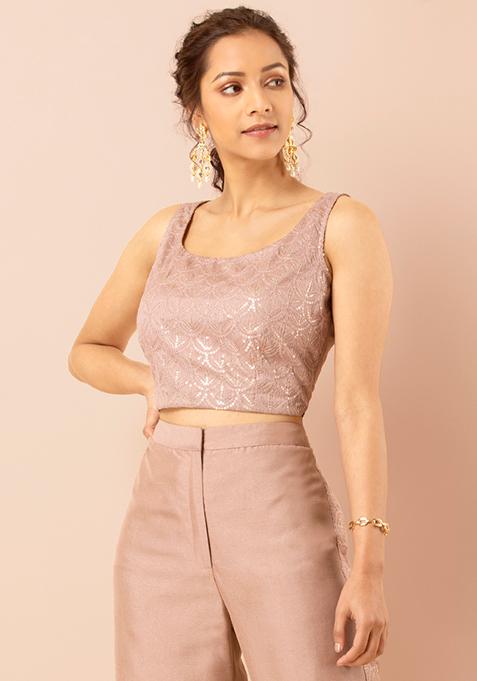 Buy Women Blush Sequin Embroidered Sleeveless Crop Top Rtw Indya India