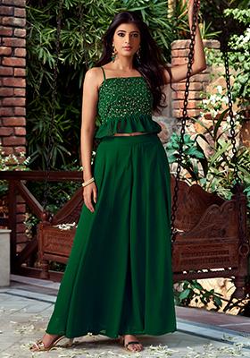 Green Embroidered Frilled Strappy Crop Top 