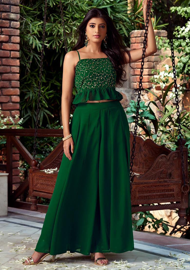 Buy Women Green Embroidered Frilled Strappy Crop Top - Blouses - Indya