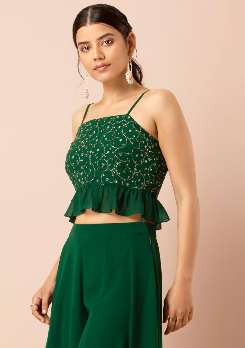 Green Embroidered Frilled Strappy Crop Top