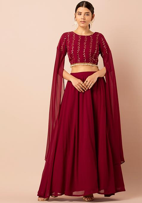 Buy Women Maroon Embroidered Extra Long Sleeves Zipped Crop Top - Tops - Indya