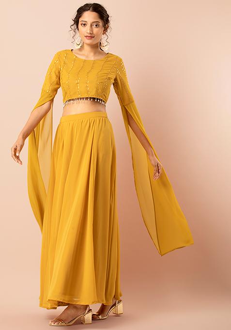 Yellow Embroidered Extra Long Sleeves Zipped Crop Top