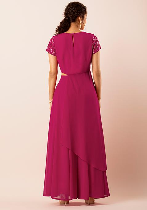 Buy Women Fuchsia Embroidered Side Drape Top - RTW - Indya