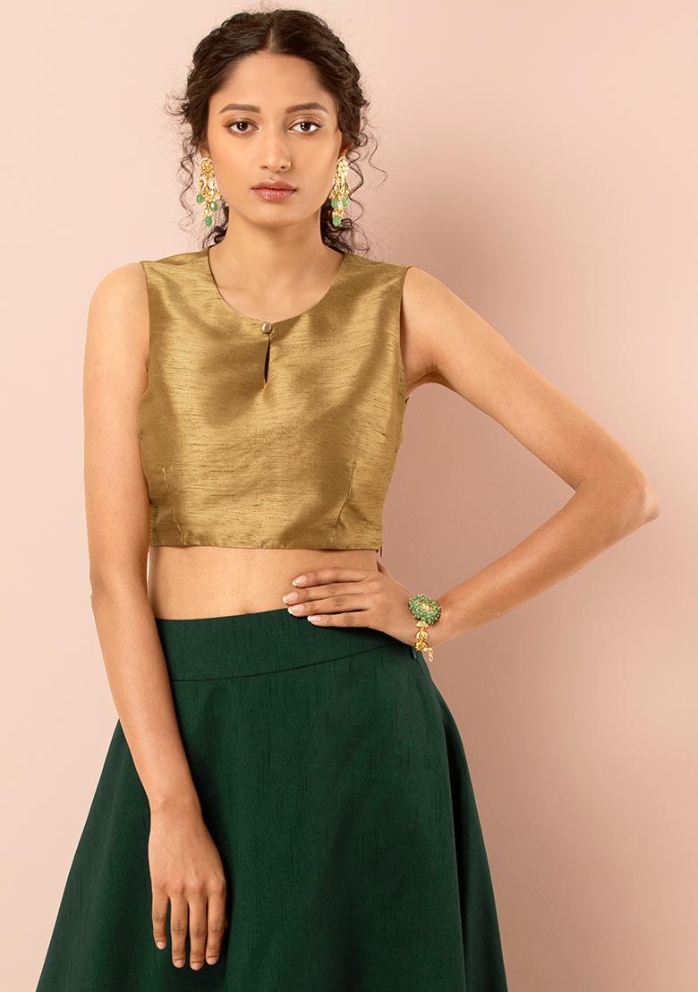 Buy Women Gold Poly Silk Slub Crop Top - Blouses - Indya