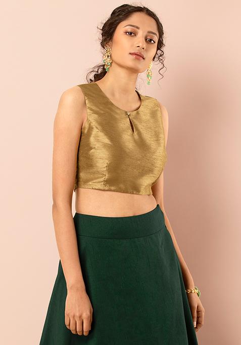 Buy Women Gold Poly Silk Slub Crop Top - Feed-Blouse - Indya