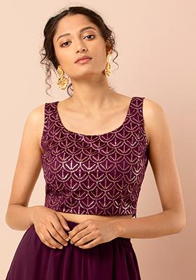 Wine Sequin Embroidered Sleeveless Crop Top