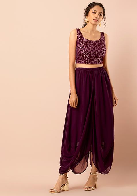 Buy Women Wine Sequin Embroidered Sleeveless Crop Top - RTW - Indya