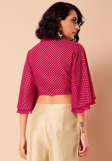 Pink Thread Embroidery Crop Top With Flared Palazzo & Pocket