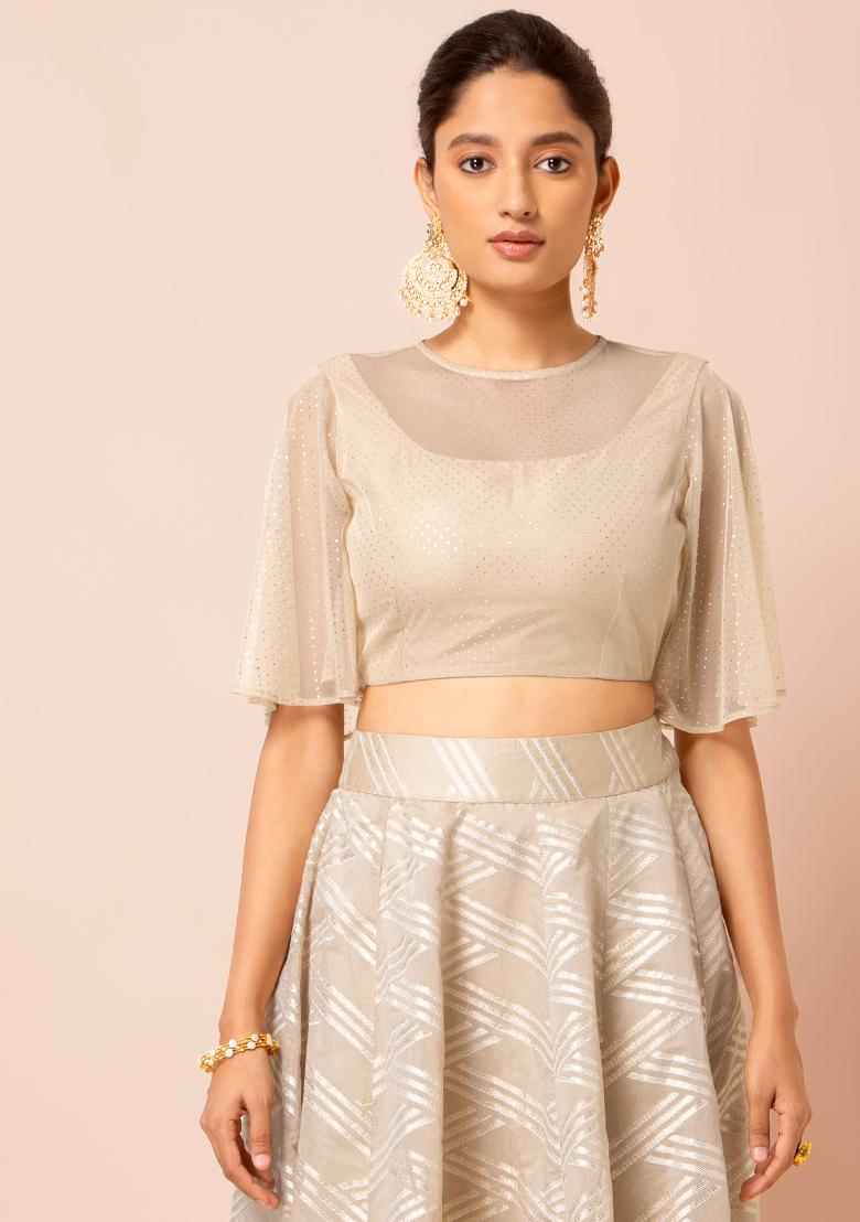 Buy Women Beige Foil Flared Sleeve Sheer Crop Top ITP00798 RTW