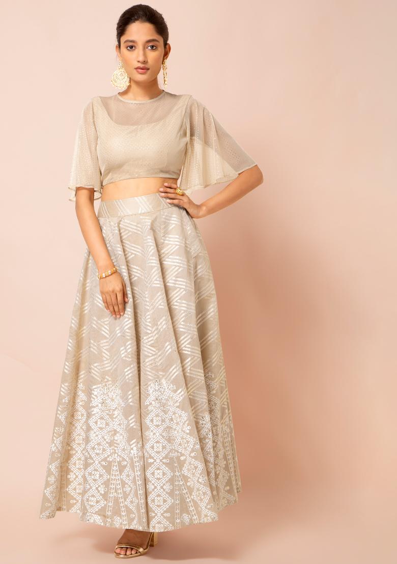 Beige Foil Flared Sleeve Sheer Crop Top 