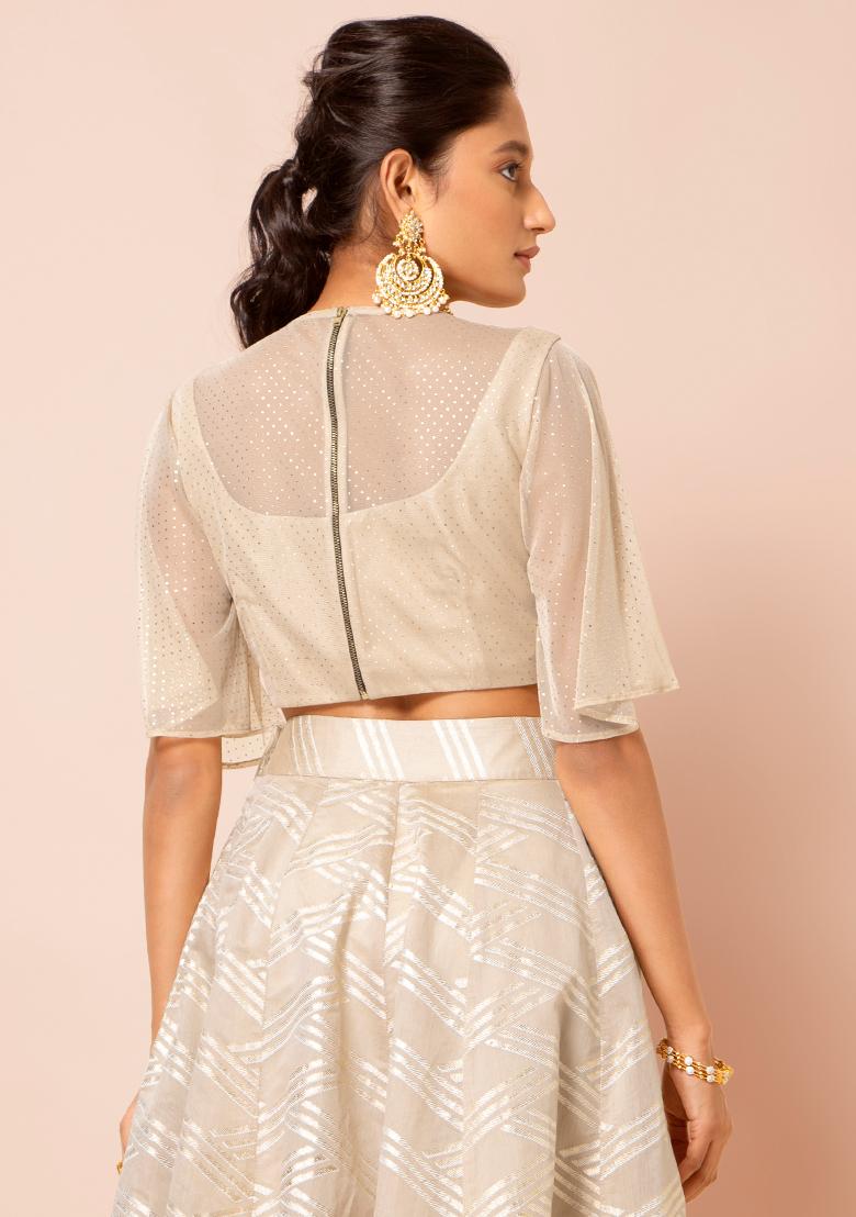 Beige Foil Flared Sleeve Sheer Crop Top 