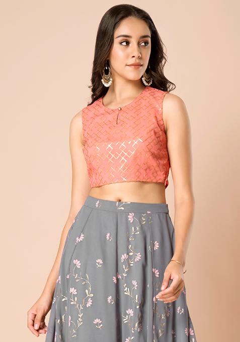 Peach Georgette Sequin Embroidered Crop Top 
