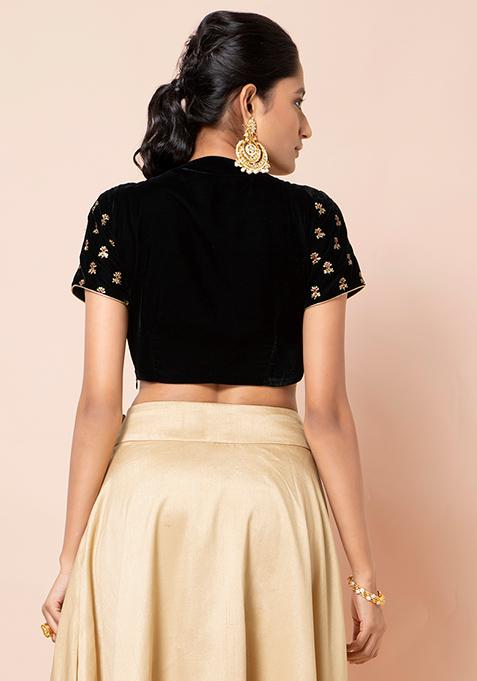 Buy Women Black Embroidered Velvet Peek-A-Boo Crop Top - Bloggers-Page ...