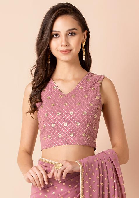 Pink Sequin Embroidered Sleeveless Crop Top 