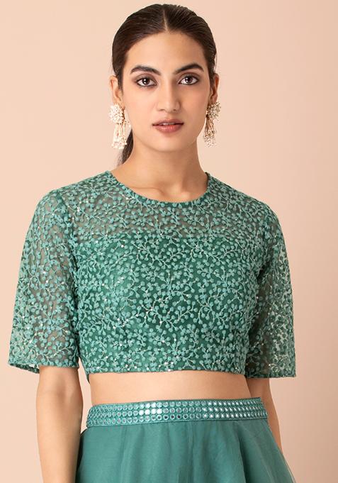 Buy Women Sage Green Embroidered Mesh Crop Top - RTW - Indya