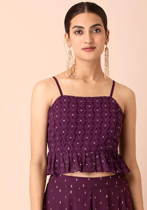 Purple Embroidered Strappy Peplum Crop Top 