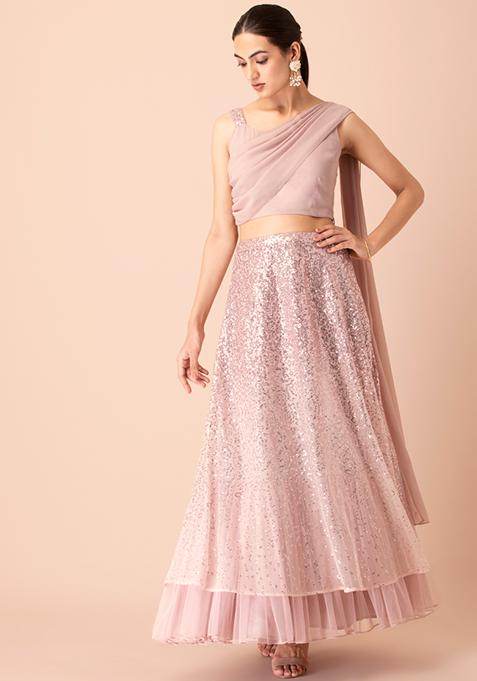 Blush Sequin Strap Crop Top with Attached Dupatta 