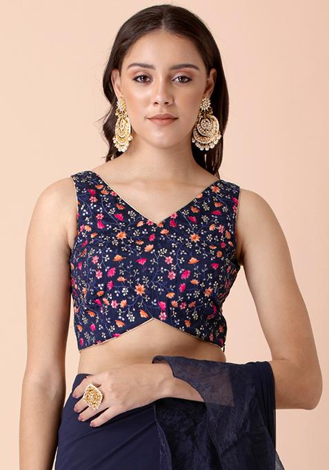 Navy Floral Embroidered Sleeveless Crop Top 