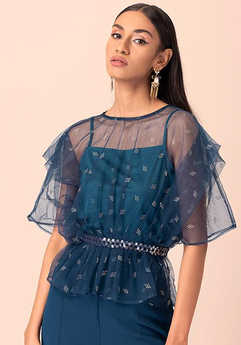 Teal Organza Sequin Peplum Top with Attached Cami