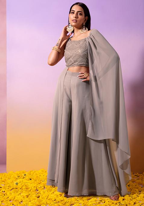 Grey Sequin Blouse with Attached Dupatta 