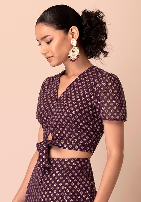 Women Purple Floral Chanderi Frill Crop Top