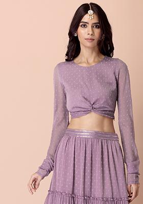 Lilac Front Knot Crew Neck Crop Top