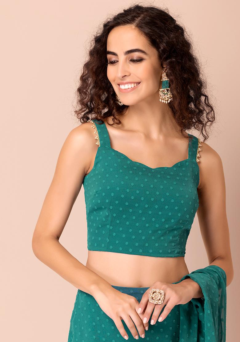 Buy Women Turquoise Blue Swiss Dobby Crop Top - Blouses - Indya