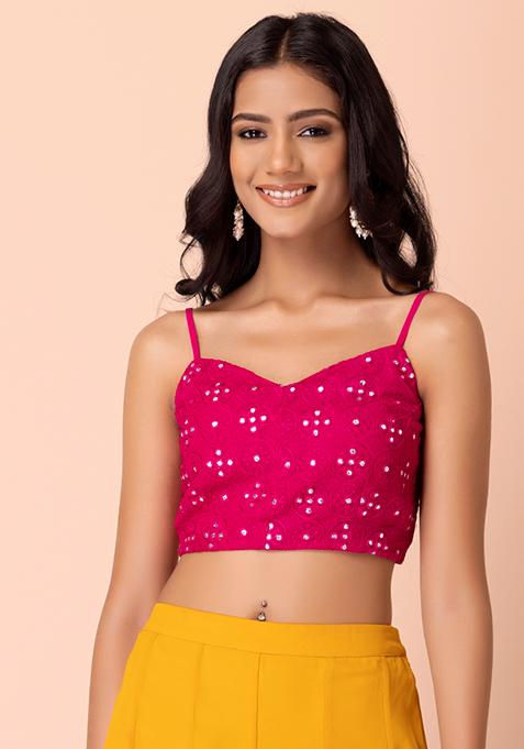 Pink Mirror Embroidered Strappy Crop Top