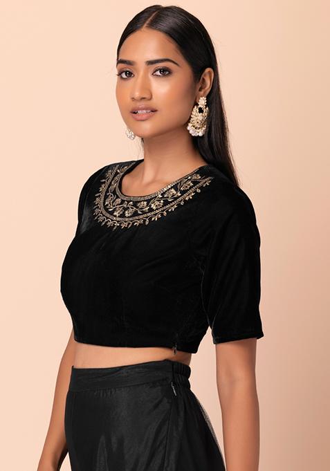 Buy Women Black Velvet Embroidered Blouse - RTW - Indya