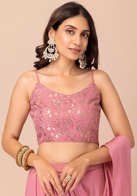 Pink Sequin Embroidered Strappy Blouse 