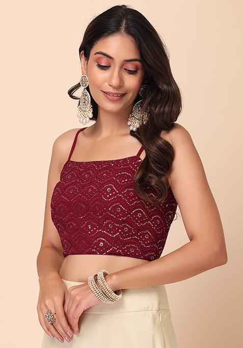 Maroon Sequin Embroidered Sleeveless Blouse
