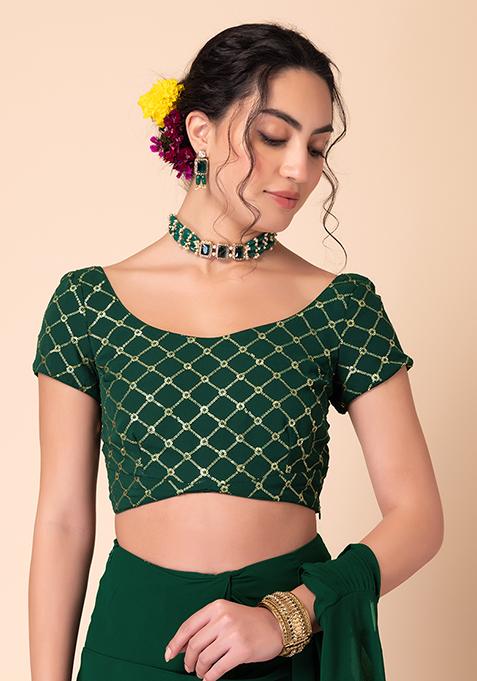 Dark Green Sequin Embroidered Blouse