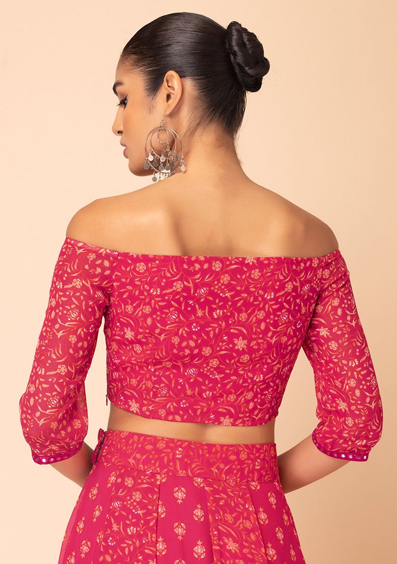 Buy Women Hot Pink Floral Print Off Shoulder Blouse Exclusive Deals Indya 1013